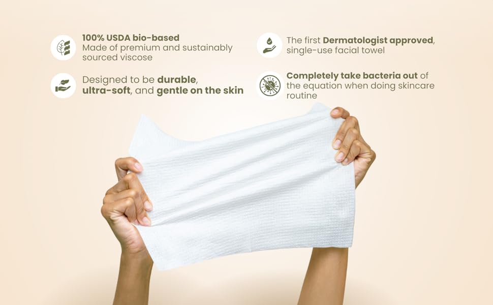 usda bio-based, sustainable, durable, soft, gentle, skin, dermatologist, single use, face, towel