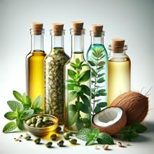 different oils - olive, hemp, mint, eucalyptus, and coconut 